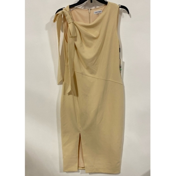 NWT Calvin Klein Beige Scuba Crepe Bow Shoulder Asymmetric Sheath Dress SZ 4 - Picture 1 of 9